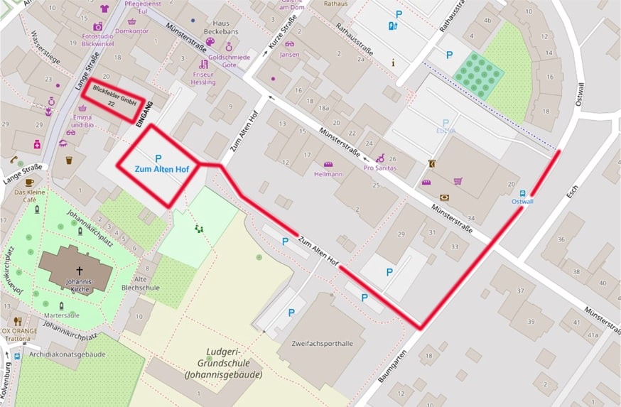 Anfahrt und Kontakt Blickfelder: Hier wird der Weg zum Parkplatz Zum alten Hof beschrieben